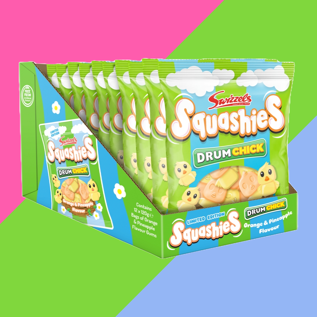 NEW-LIMITED EDITION Swizzels Squashies Drum Chick Orange & Pineapple Flavour 12x120g